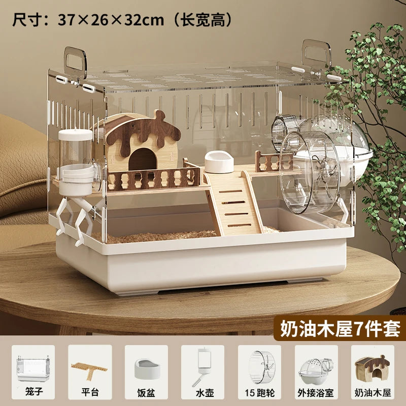 Acrylic Hamster Cage Transparent Rodent Habitat Cage with Accessories Luxury Villa for Syrian Dwarf Gerbil Mouse Enclosure Tank