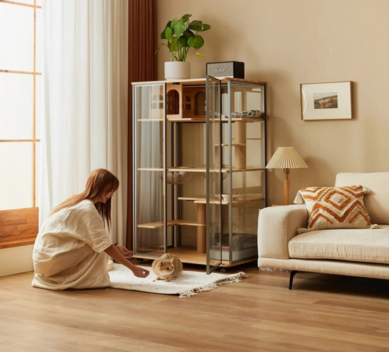 dk-Movable Solid Wood Panoramic Luxury Cat Villa Furniture-Modern Cute Indoor Living Room Pet House#