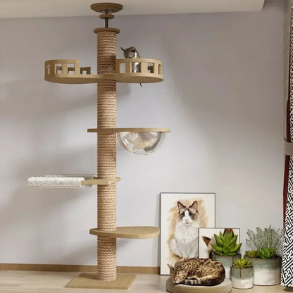 Multi-Level with Scratching Post Hammock Adjustable Wooden Cat Tree House Pet Activity Center Pet Kitten Climbing Toy Cat Tower