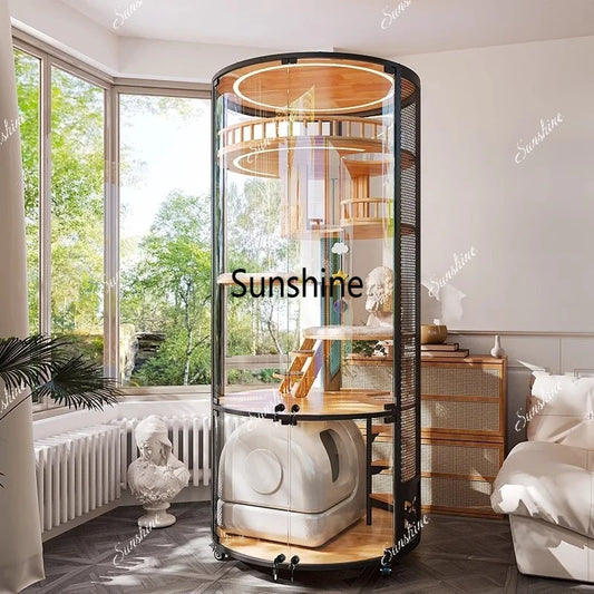 Solid Wood Cat Villa Large Luxury Indoor Cat Cage with Round Panoramic Nest All-Season Solid Wood Pet House Cabinet