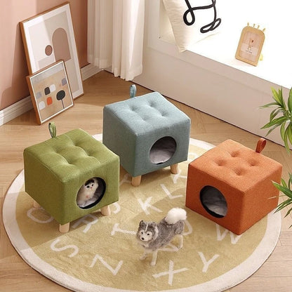 Solid Wood Cat Nest Stool Four Seasons Universal Cat House Kitten Semi-closed Pet Bed Warmth