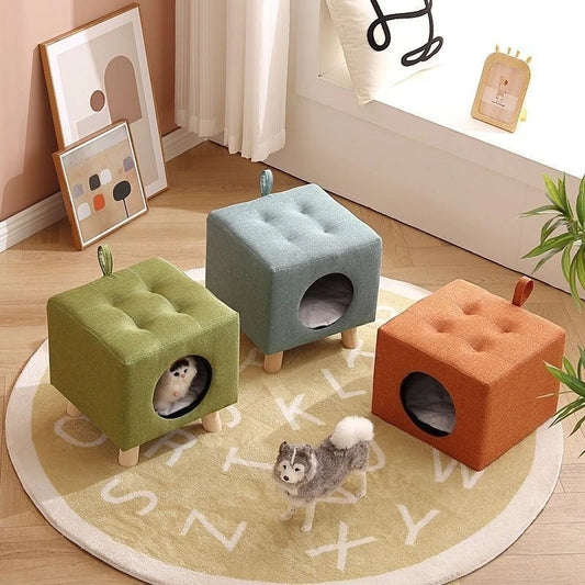 Solid Wood Cat Nest Stool Four Seasons Universal Cat House Kitten Semi-closed Pet Bed Warmth