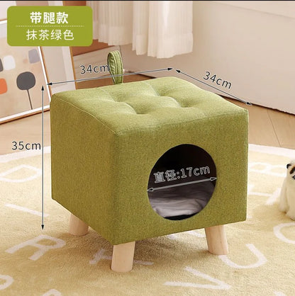 Solid Wood Cat Nest Stool Four Seasons Universal Cat House Kitten Semi-closed Pet Bed Warmth
