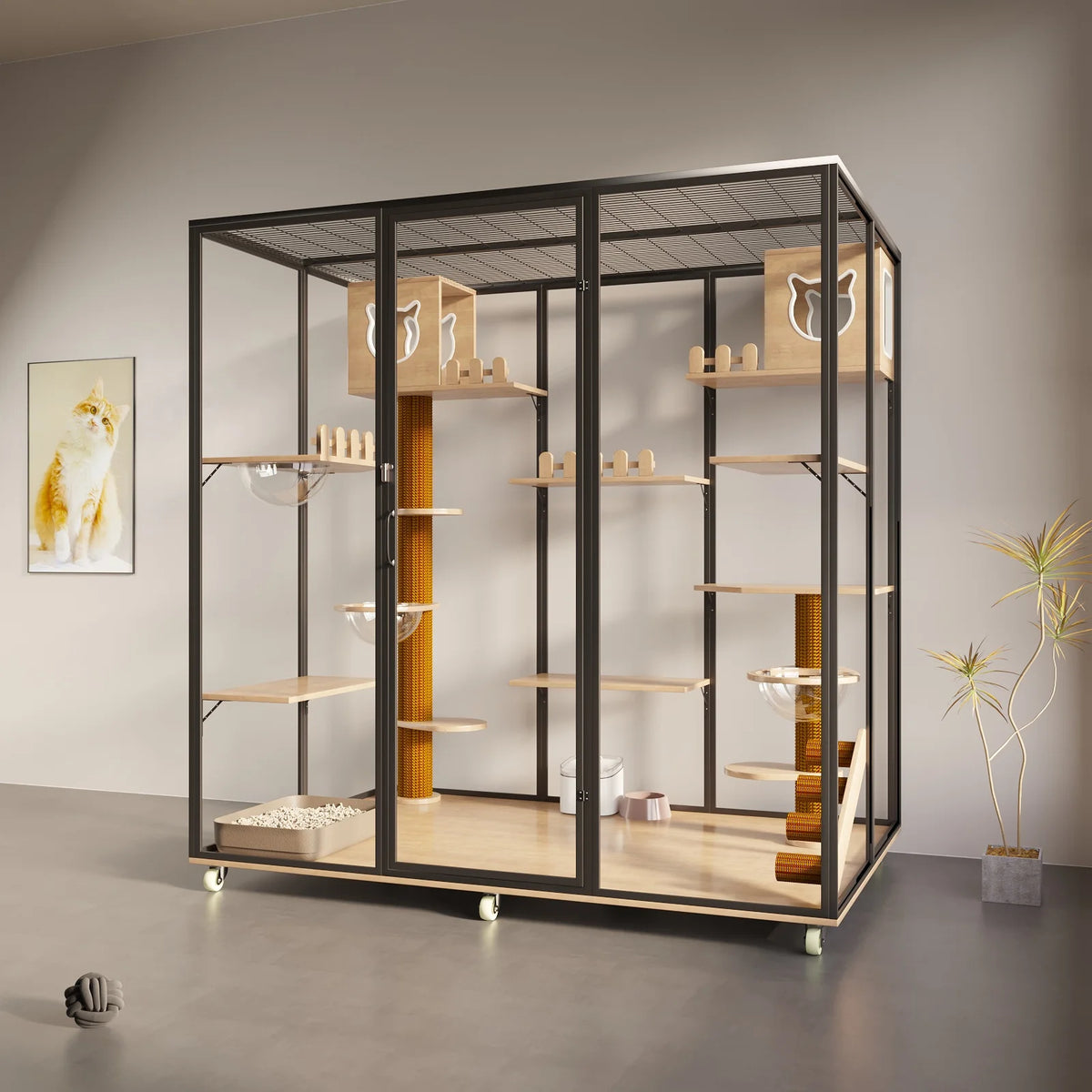 Cat House Sustainable Cat Villa Pet Furniture with Animal Pattern Solid Wood and Metal for Rabbit Living