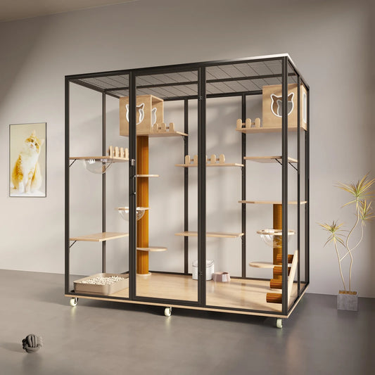 Cat House Sustainable Cat Villa Pet Furniture with Animal Pattern Solid Wood and Metal for Rabbit Living