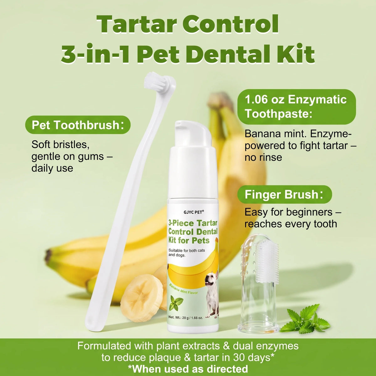 3 Piece Pet Dental Care Kit Banana Mint Tartar Control Plaque Remover Toothpaste Gel for Dogs Cats Fresh Breath Gentle Oral Care