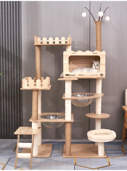 Multi-Level Durable Cat Tower - Large Wooden Cat Tree with Space Pod & Scratching Posts Practical Indoor Cat Furniture & Toy