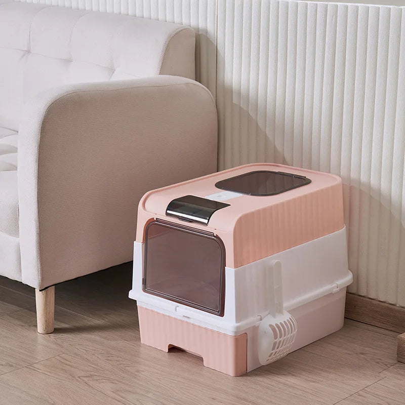 Cat Litter Box with Scoop, Large Foldable Litter Box with Lid, Front Entry Top Exit Kitty Box, Odor Control, Easy To Clean