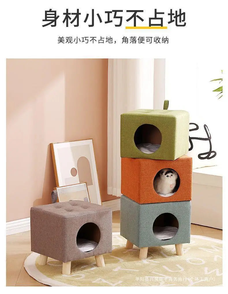 Solid Wood Cat Nest Stool Four Seasons Universal Cat House Kitten Semi-closed Pet Bed Warmth