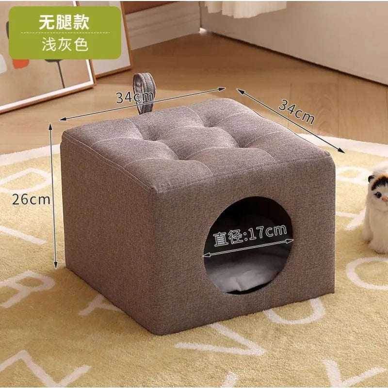 Solid Wood Cat Nest Stool Four Seasons Universal Cat House Kitten Semi-closed Pet Bed Warmth