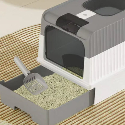 Cat Litter Box with Scoop, Large Foldable Litter Box with Lid, Front Entry Top Exit Kitty Box, Odor Control, Easy To Clean