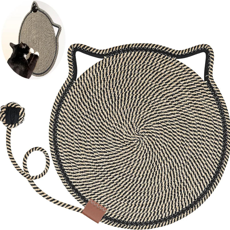 Cat Scratching Pad, Natural Cotton Rope Scratching Pad, with Ear-Shaped Hanging Hooks and Toy Balls, Suitable for Walls, Floors,