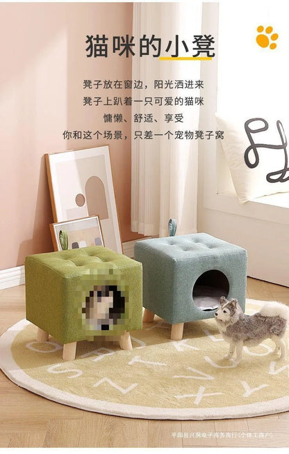 Solid Wood Cat Nest Stool Four Seasons Universal Cat House Kitten Semi-closed Pet Bed Warmth