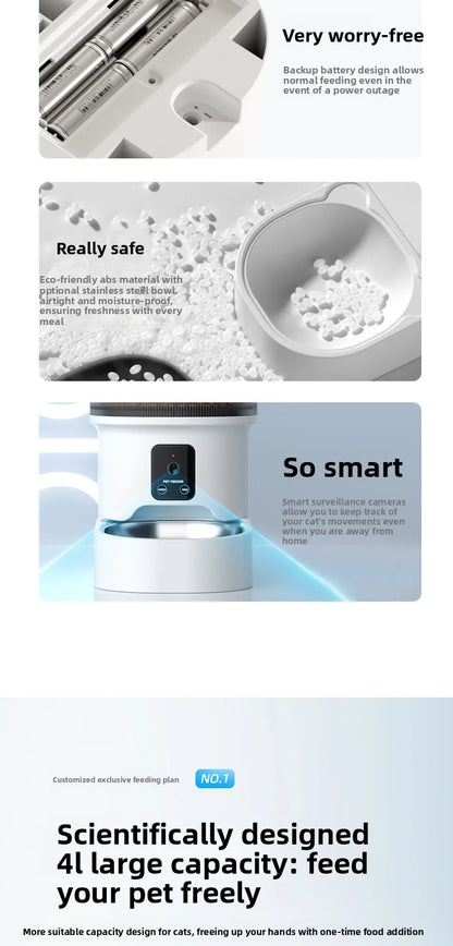 HD Video Automatic Pet Feeder for Cats Dogs 4L Smart Timed Quantitative Food Dispenser with Stainless Steel Bow Pet Supplies