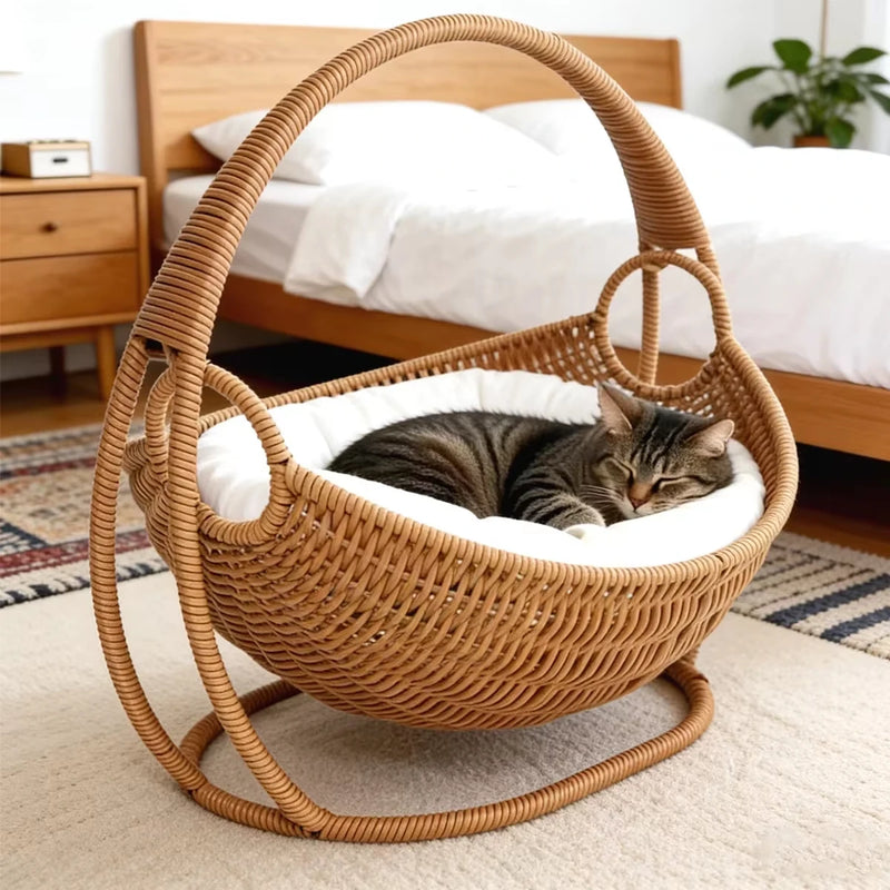 Faux Woven Cat Bed Semi Enclosed Cat Cave Bed Waterproof Indoor Cat House Basket Style Pet Bed for Cats