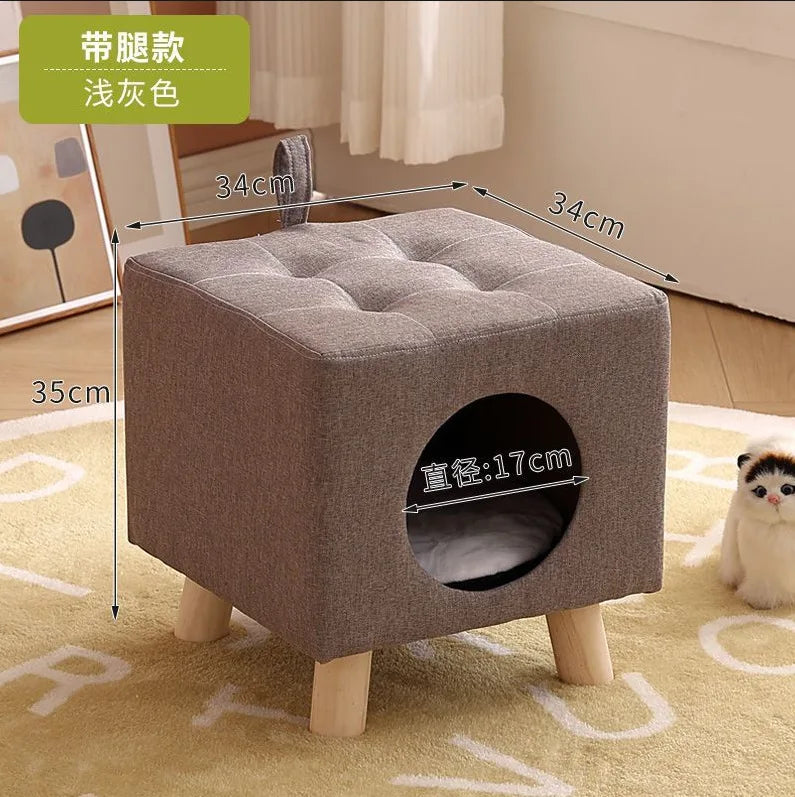 Solid Wood Cat Nest Stool Four Seasons Universal Cat House Kitten Semi-closed Pet Bed Warmth