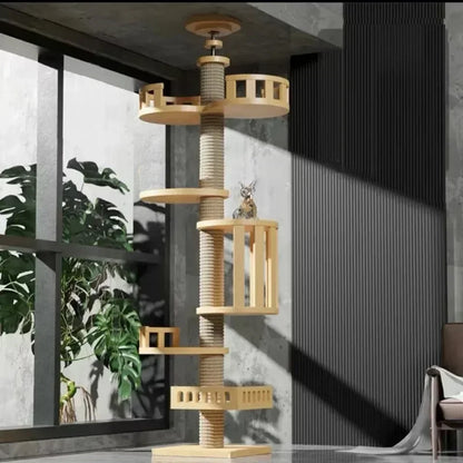 Multi-Level with Scratching Post Hammock Adjustable Wooden Cat Tree House Pet Activity Center Pet Kitten Climbing Toy Cat Tower